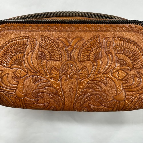 Vintage Tooled Leather Clutch Purse Bag Brown Large Metal Zip - Picture 2 of 11