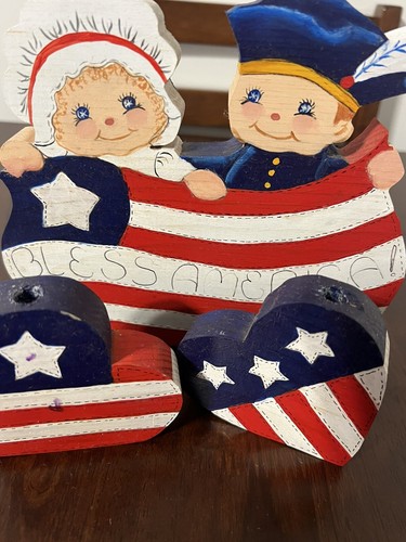 Juego de 3 piezas vintage de madera pintada a mano 1991 “Bless America” 4 de julio EE. UU. - Imagen 2 de 3