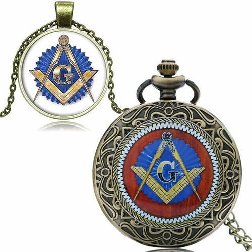 Fashion Masonic Freemason Freemasonry Pocket Watch Quartz Chain Pendant Gift Set - Picture 1 of 18