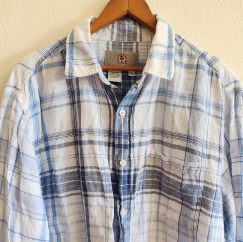 The Territory Ahead 100% Linen Shirt Long Sleeve Button Up Blue Plaid Mens L - Picture 2 of 7