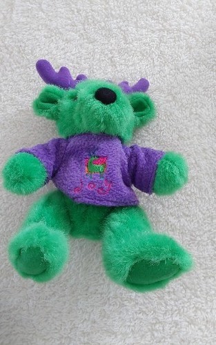 Vintage G.A.C. Rentier Stofftier 1998 grüner Körper lila Geweih & Pullover - Bild 2 von 8