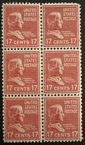 US 1938 Scott # 822 - Andrew Johnson - Block Of 6 - MNH OG - Picture 1 of 2