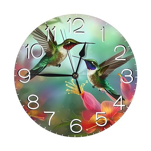 Round Wall Clock Hummingbirds Silent Non-Ticking Decorative Clocks Battery Op...