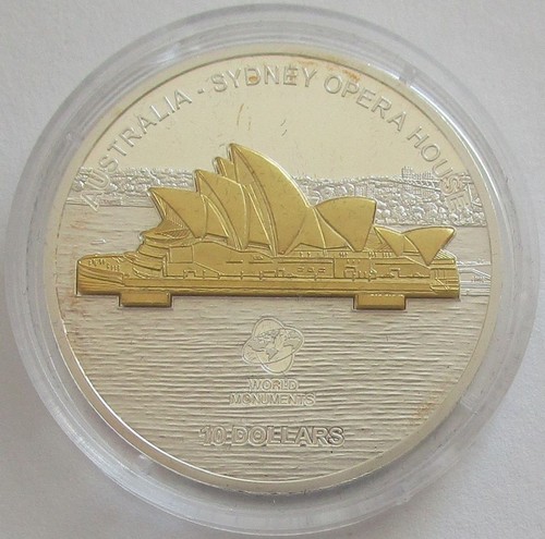 Islas Cook 10 dólares 2008 World Monuments Sydney Opera House 1 OZ plata - Imagen 1 de 2