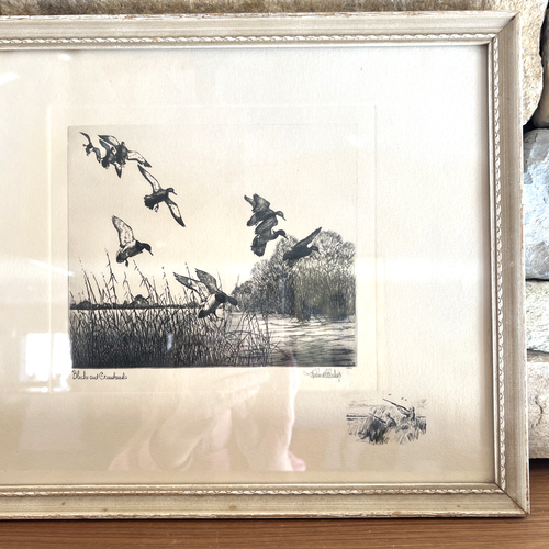 Vintage 1938 Dry Point Art Print By Artist Richard E. Bishop “Fall Ducks” Flying - Picture 5 of 14