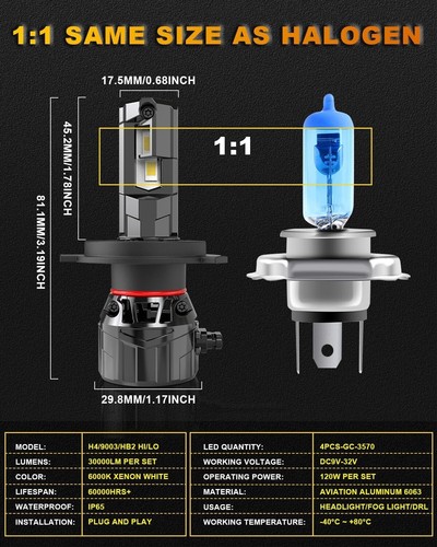 KATUR H4 LED Headlight Bulb 120W 30000LM, 700% Brightness H4 LED Bulb 6000K Xeno - Picture 7 of 9