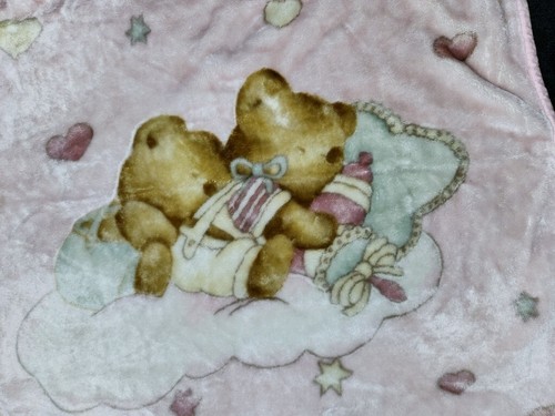 VTG Pink Sleeping Teddy Bears Microplush Throw Blanket Lamb Heart Flower 45x60 - Picture 11 of 22