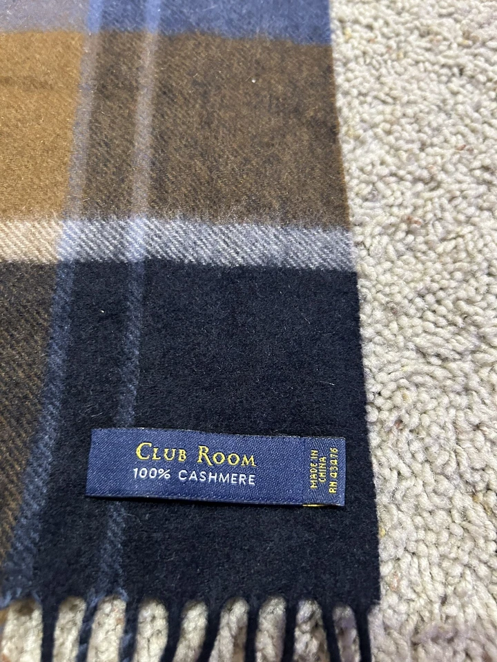 "Bufanda de hombre ClubRoom 67"" 100 % cachemir a cuadros negra marrón azul gris flecos W24" Foto 2 de 4