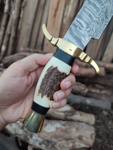 Cuchillo Bowie con cuerno de escenario de acero Damasco 16" forjado a mano hoja fija cuchillo de supervivencia - Imagen 3 de 8