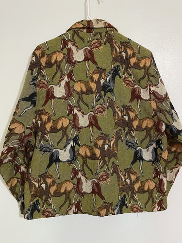 Jane Ashley Large Jacket Horse Tapestry Button Up Green A35 - Picture 5 of 9