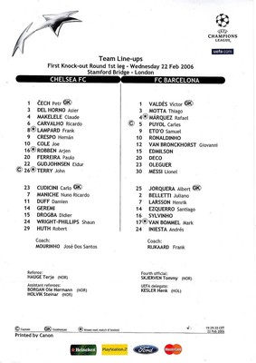 Teamsheet Chelsea V Barcelona 05 6 22 Feb Champions League Ebay Teamsheet Chelsea V Barcelona 05 6 22 Feb Champions League Ebay