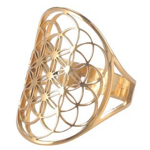 Flower of Life Ring Gold PVD Plated Stainless Steel Sacred Geometry Boho Band - Picture 4 of 5