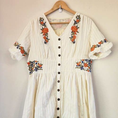 Retro Stage Embroidered Short Puff Slv MidiDress 2XL Button Vtg Inspire NWT - Picture 7 of 22