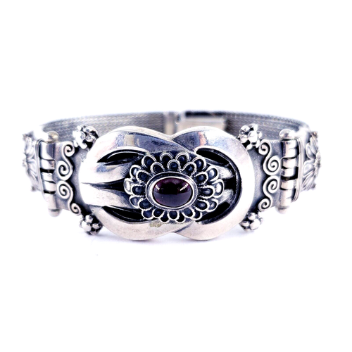 Bracciale Vintage Argento Sterling Edoardiano 7" Granato Antico Floreale Vittoriano - Foto 2 di 13