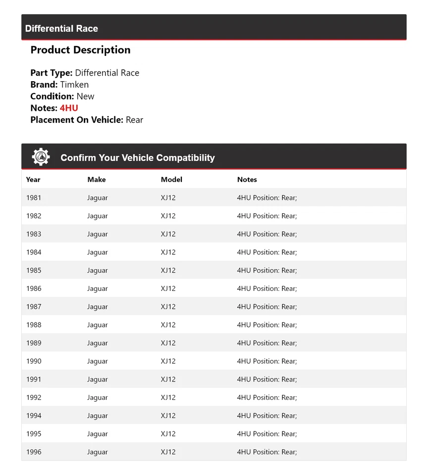 Timken trasero diferencial carrera para Jaguar XJ12 1981-1992, 1994-1996 Foto 2 de 4