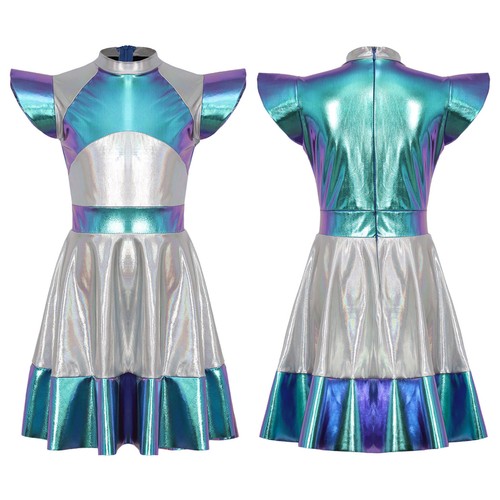 Kinder Mädchen Alien Cosplay glitzerndes metallisches Festzug Kleid Roly Play Kostüm Tanz - Bild 18 von 33