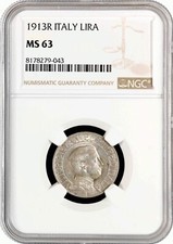 Italy 1 lira 1913 R, NGC MS63,  King Vittorio Emanuele III (1900 - 1946) 