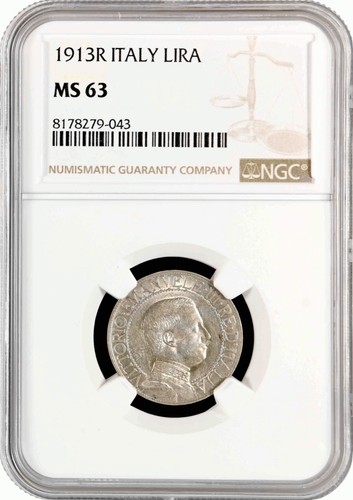 Italy 1 lira 1913 R, NGC MS63, "King Vittorio Emanuele III (1900 - 1946)" - Picture 1 of 2