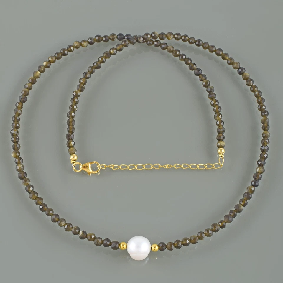 Handcrafted Natural Dorado Obsidiano Pequeño Cuentas Collar 3mm Redondo 18" Hilo - Imagen 2 de 4