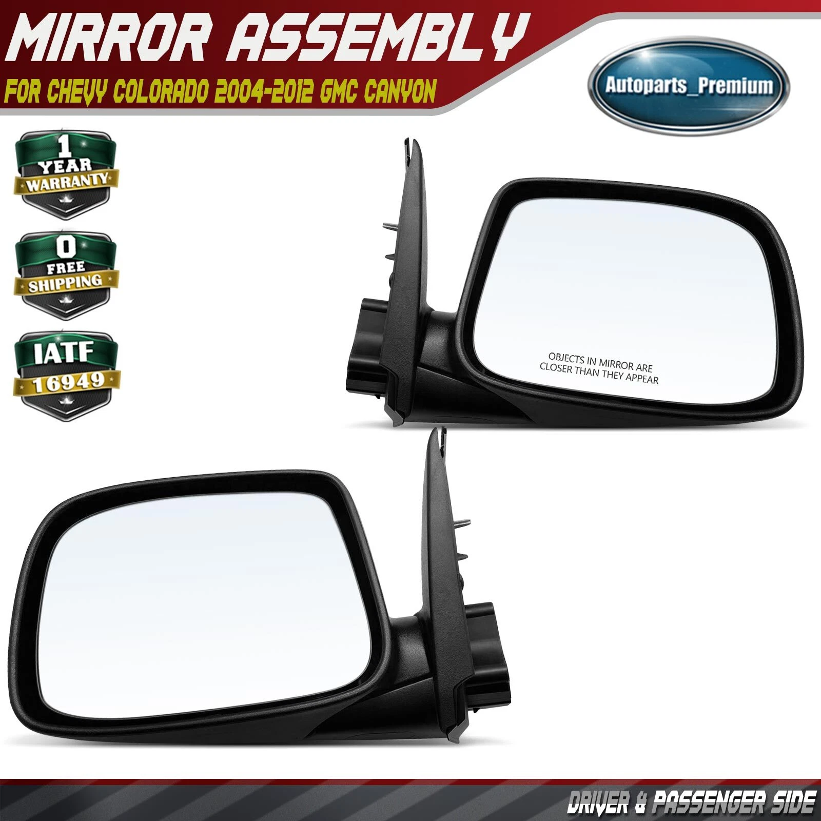 Driver & Passenger Black Manual Mirror for Chevy Colorado 2004-2012 GMC Canyon
