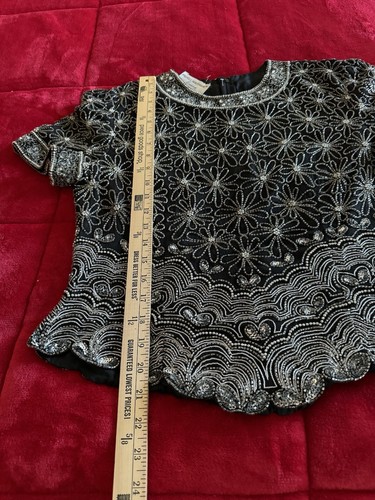 PAPELL BOUTIQUE EVENING BLACK SILK BEADED TOP  VINTAGE SIZE LARGE FLORAL DESIGN - Picture 9 of 12