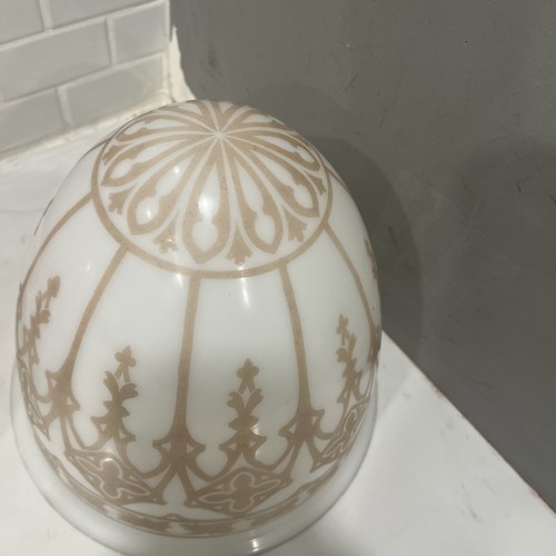 Rare Pair (2) Vintage Antique Gothic Church Stenciled Milk Glass Shades 8.5” - Picture 5 of 13