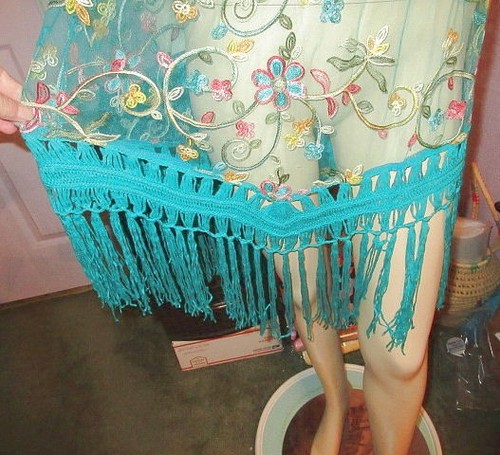 Asha Sheer Mesh Dress Size 1X Embroidered Crochet Fringe Coverup Boho Festival - Picture 4 of 12