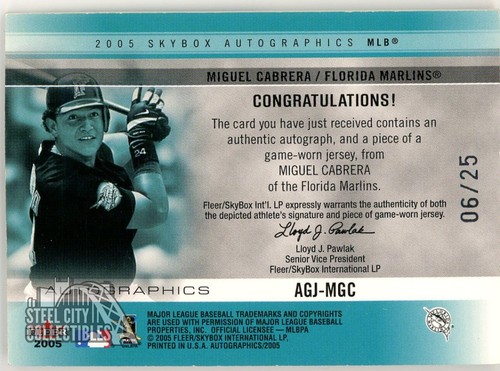 Miguel Cabrera 2005 Fleer Skybox Patch Autograph Card #AGJ-MGC 06/25 - Picture 2 of 2