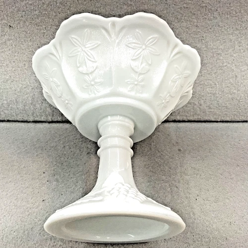 White Milk Glass Pedestal Compote Dish Grapes & Daisies Pattern Vintage