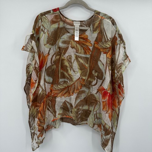 Chicos Leinen Tunika Top Blumenmuster V-Ausschnitt Oversize Poncho Style S M - Bild 1 von 9