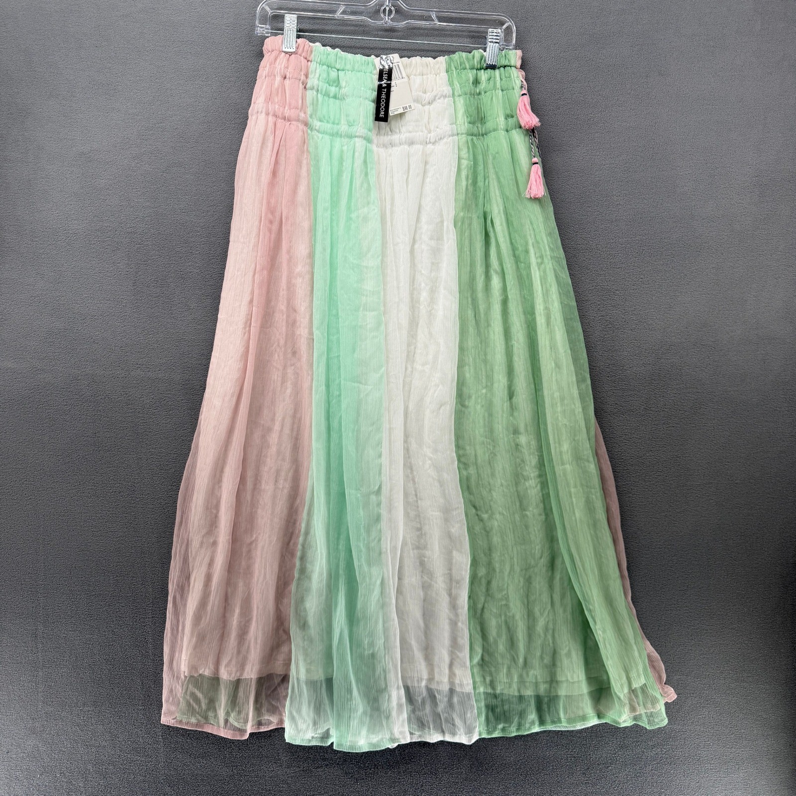 Chelsea & Theodore Maxi Skirt Women Pink Green White Colorblock Tassel Small NEW