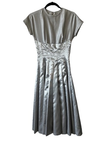 VTG Handmade Metallic Silver Silk Corset Style Pleated Midi Dress XS Read - Picture 9 of 20