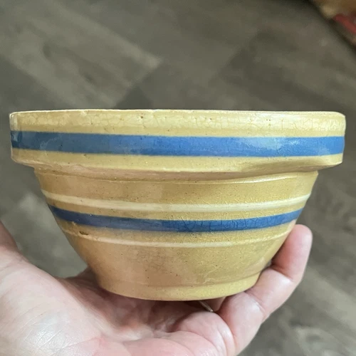 Antique Yellow Ware Mixing Bowl Stoneware 5 1/4" BLUE BAND WHITE STRIPE Crock