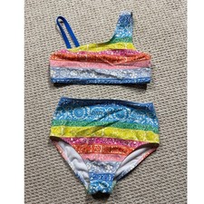 Boden 2Pc Swimsuit Girls 7-8Y Rainbow Floral Swimwear Bikini Beachy Summer