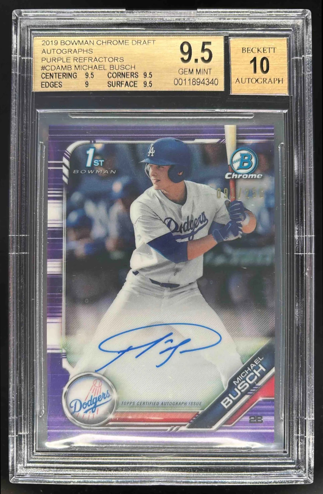 2019 Bowman Draft Chrome Purple Refractor #CDAMB Michael Busch Auto /250 BGS 9.5