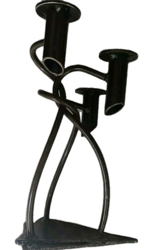 Solid Twisted Iron Brutalist Candelabra Boho Cool Hippy 12.5" X 7" Signed