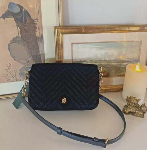 VENDITA FLASH! Borsa a tracolla Ralph Lauren nera trapuntata velluto RLL catena oro nuova con etichetta