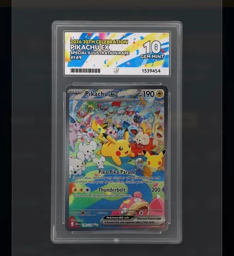 Ace 10 Pikachu ex 149/128 Me: 30th Celebration Holo, Perfect Subs