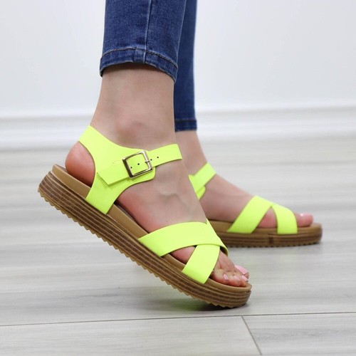 Strappy Comfort Sandals Open Toe Sling Back Neon Yellow Cushioned - Picture 7 of 13