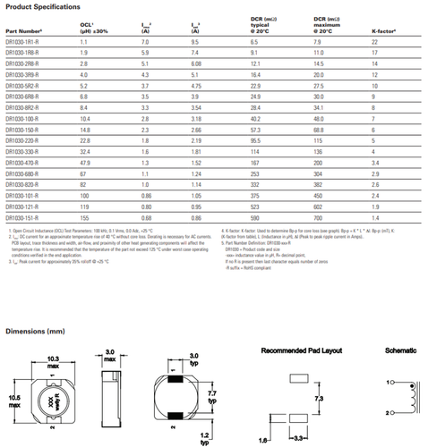 5pcs INDUTTORE DI POTENZA, SCHERMATO, 68UH, 1.1A, SMD Eaton DR1030-680-R - Foto 2 di 5