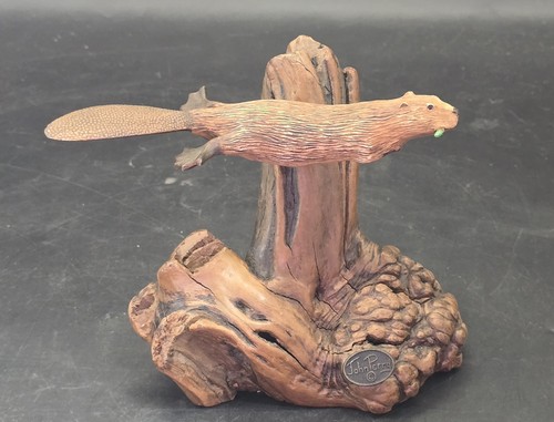 John Perry Studio Beaver Ebonite On Burl Wood Art Sculpture Figurine - Picture 3 of 10