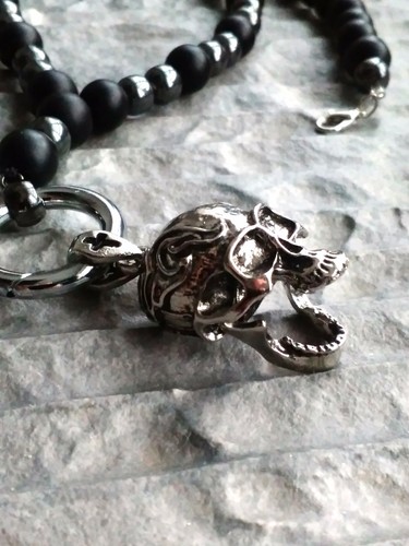 Collar ónix mate cráneo cruz diente cabeza muerta redondo pinza collar... - Imagen 3 de 11