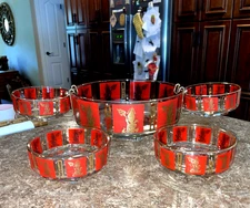 Vintage 1960s Jeanette Glass Red & Gold Chip And Dip Bowls Set Of 5 W/2 Hangers