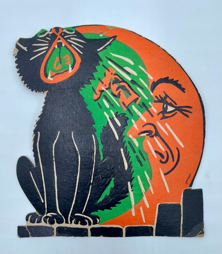 Vintage Halloween Heavy Embossed Beistle Diecut Black Cat Crescent Moon