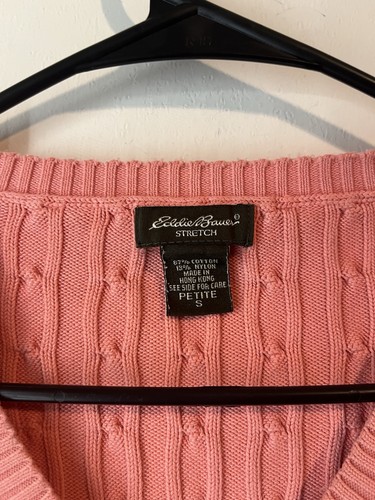 Vintage Eddie Bauer Cable Knit V Neck Sweater Womans Small Petite Pink Stretch - Picture 2 of 3