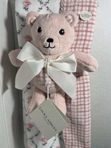 Laura Ashley Baby Blanket & Plush Toy Bear Gift Set Pink Cosy Reversal Blanket - Picture 3 of 10
