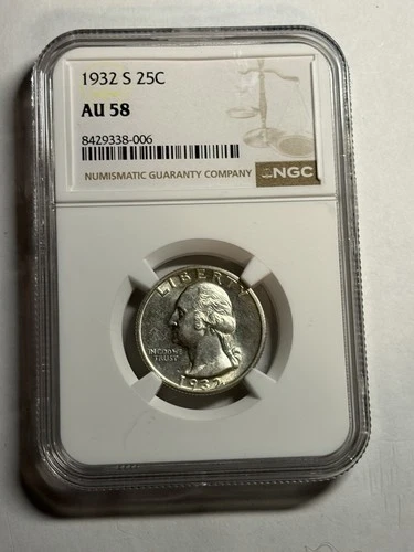 1932-S WASHINGTON SILVER QUARTER NGC AU58 BRIGHT WHITE KEY DATE