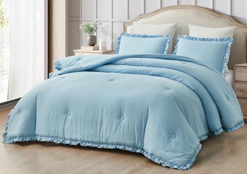 Nora Chambray Blue Comforter Set Oversized Queen Size 3-Piece Fluffy Soft - Picture 2 of 8