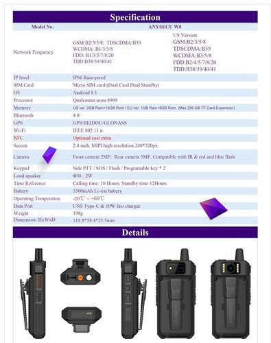 Radio de red Anyssecu W8 Zello 4G LTE desbloqueado GPS Poc Radio Zello/PTT real - Imagen 8 de 10