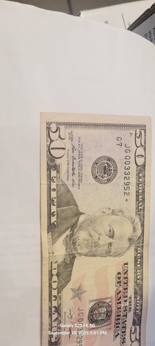 Fifty Dollar Bill Year 2009 Star Note Fancy Serial Number  Jg 00333952* - Picture 6 of 6